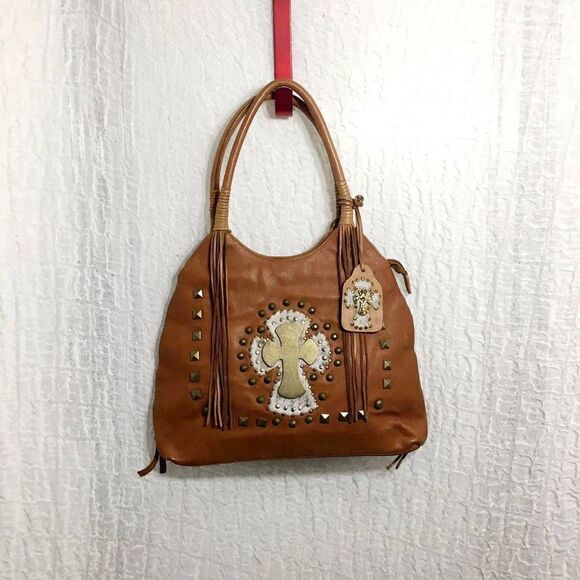 Ohh! Ashley Cross Design Brown/Tan Leather Bag - Picture 3 of 13